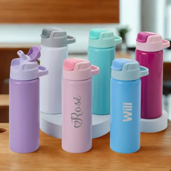 Garrafa Squeeze Personalizada Nome Alumínio 600ml Colorida Alça Canudo Silicone Inverno