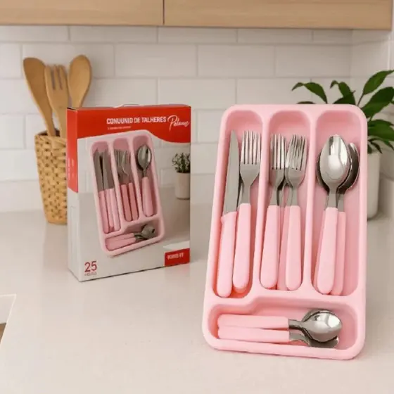 Conjunto de Talheres Rosa 25 Peças com Organizador – Aço Inox e PP – Jogo Faqueiro Completo