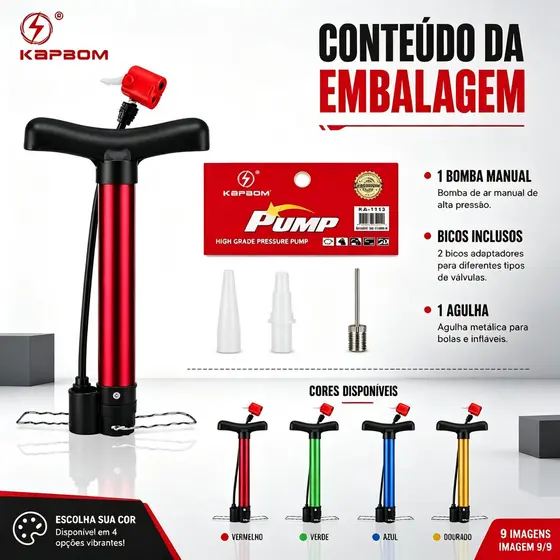 KAPBOM Bomba de Ar 50cm – Alta Pressão para Pneu de Bike, Moto e Bola, Portátil com Bicos