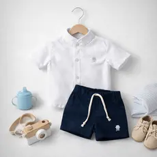 Conjunto de Verão Bebê 0-5 anos meninos Camisa Gola padre + Short Mauricinho Brim