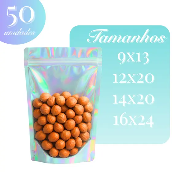 Saco Stand Up Pouch Holográfico Brilhante C/50 Un Zip Visor Transparente Hermético