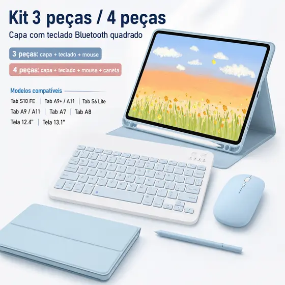 Kit 3/4 Peças Capa Teclado Quadrado Mouse Caneta Samsung Tab S10 FE,S10 FE+,S6 Lite,A7,A8,A9,A9+,A11,A11+,S7+,S7 FE,S8+