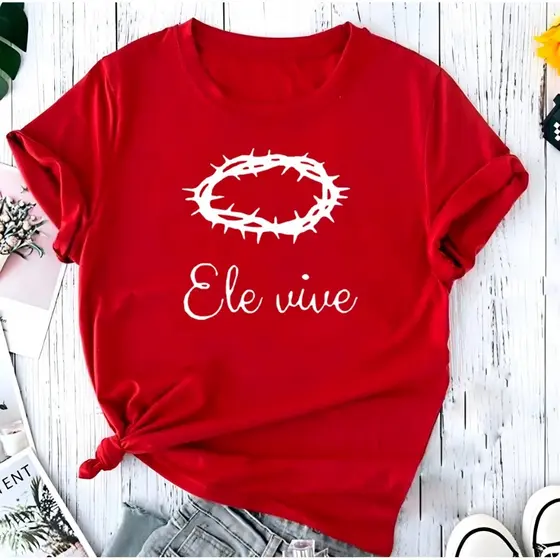 Camiseta Religiosa T-shirt Ele Vive Jesus Cristo Coroa de Espinhos Feminina Masculina Algodão