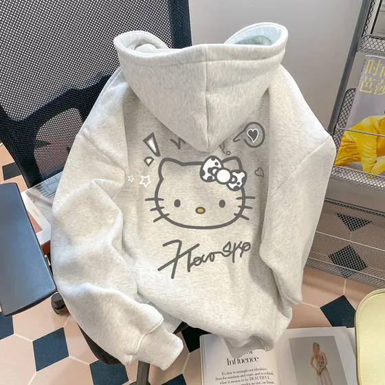 Moletom Canguru Hello Kitty Cinza Americano Coreano Gatinha Estilo Universitário Com Capuz