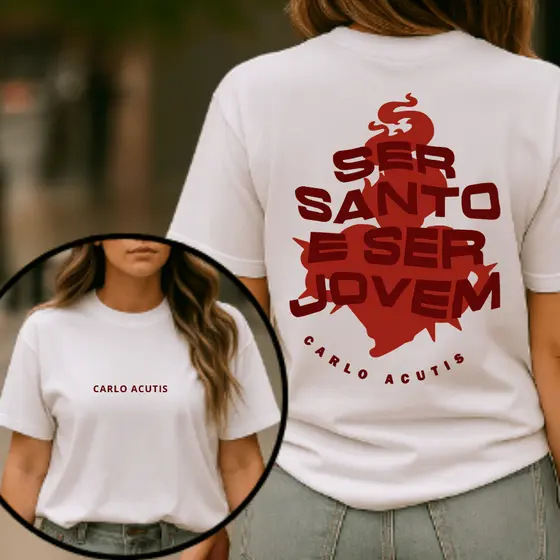 Camiseta Religiosa T-Shirt Ser Santo e Ser Jovem Cristã 100% Algodão Carlo Acutis Gola Redonda