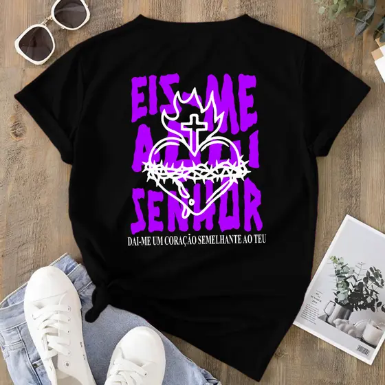 Camiseta Religiosa Eis-Me Aqui Senhor T-shirt Cristã 100% Algodão Premium Plus Size Feminina