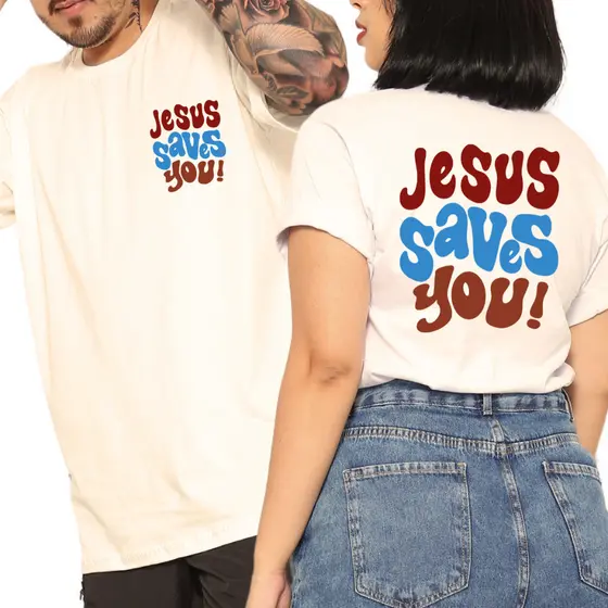 Kit 2 Camisetas Casal Religiosa T-shirt Jesus Saves You Cristã 100% Algodão Cor Off White