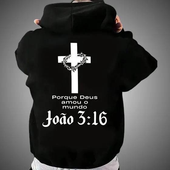 Moletom Religioso Flanelado Porque Deus Amou o Mundo Blusa de Frio Cruz Coroa Com Capuz Unissex