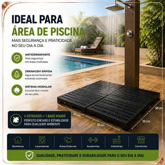 Piso Plástico Estrado Vazado 50x50cm Antiderrapante Modular Preto | Deck Modular | Piso para Piscina, Vestiário