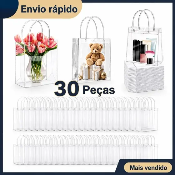 Até 30  Peça Sacola de PVC para Presente Transparente Com Alça Cristal 25 x 20 x 7cm Envio de São Paulo