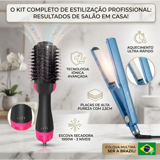Kit Escova Rotativa para Cabelo Secador e Chapinha 2 em 1 110V/220V+ Chapinha Multi-temperaturas