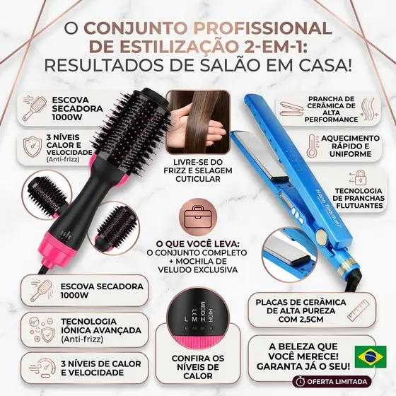 Kit Completo Prancha + Escova Secadora - Alisamento Profissional - 2 em 1