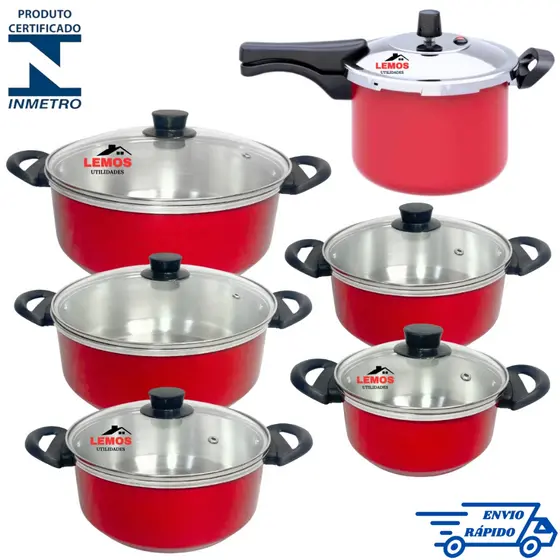 Jogo 6 Peças Com 5 Panelas Vermelha Tampa de Vidro 16/24 + Panela De Pressão Fechamento Externo 4,5L