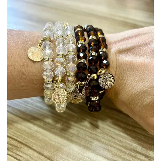 Pulseira Cristal com Medalha de São Bento Fé Catolicismo Igreja