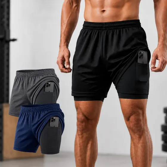 Kit 2 Shorts Bermuda 2 em 1 Masculino Dry Fit Academia Treino Corrida Elastano Bolso Interno Celular P ao GG