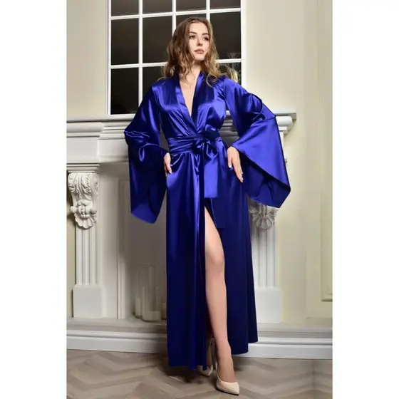 Robe Longo Cetim Azul Royal Manga Sino Grandona
