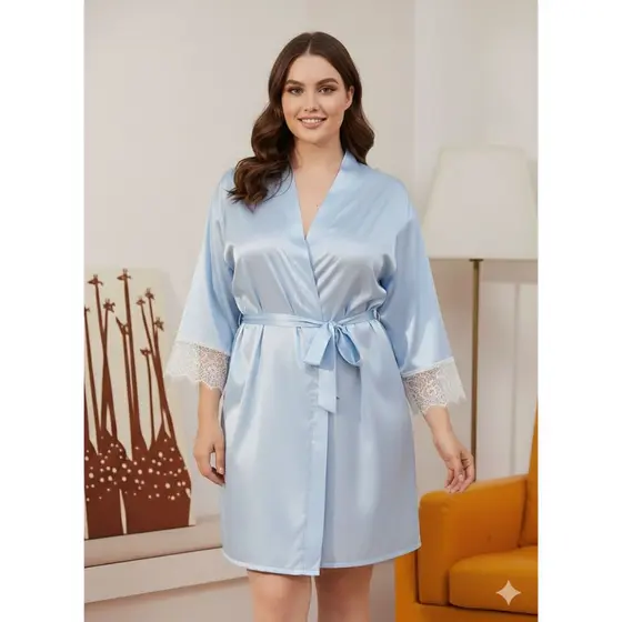 Robe de Cetim Plus Size - Azul Bebê com Renda Branca