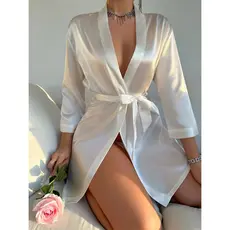 Robe noturno de cetim sólido manga comprida com decote em V e cinto roupa de dormir feminina