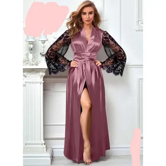 Robe Feminino de Cetim Longo de Renda - Elegância Pura