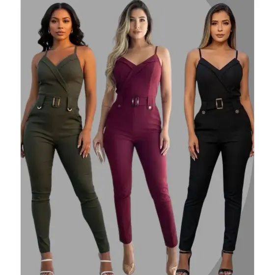 Macacão Longo Feminino Estilo Social com Bolsos e Cinto