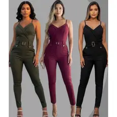 Macacão Longo Feminino Estilo Social com Bolsos e Cinto