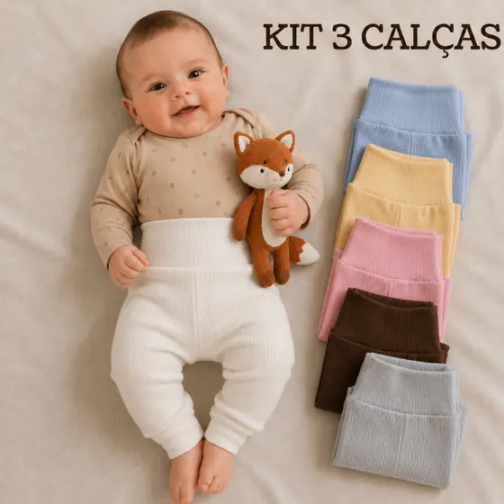Kit 3 Calças Culote Bebê Cós Alto Sem Elástico Ribana Canelada Algodão P ao 1