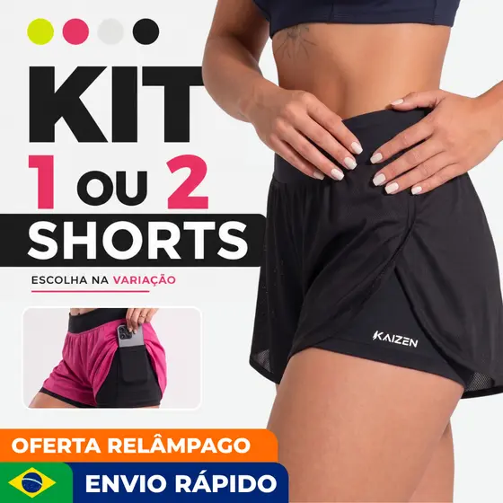 KIT SHORTS FEMININO 2 EM 1 Dry Fit C/ Bolso Porta Celular Kaizen Para Treinar na Academia ou Corrida