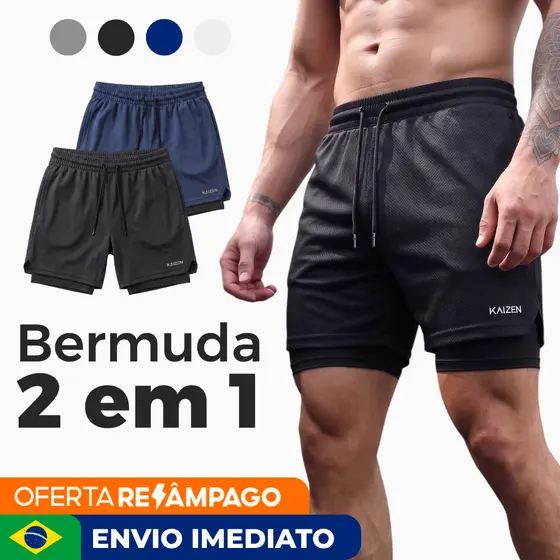 BERMUDA 2 EM 1 MASCULINA DRY FIT COM BOLSO PARA TREINAR NA ACADEMIA bermuda compressao corrida
