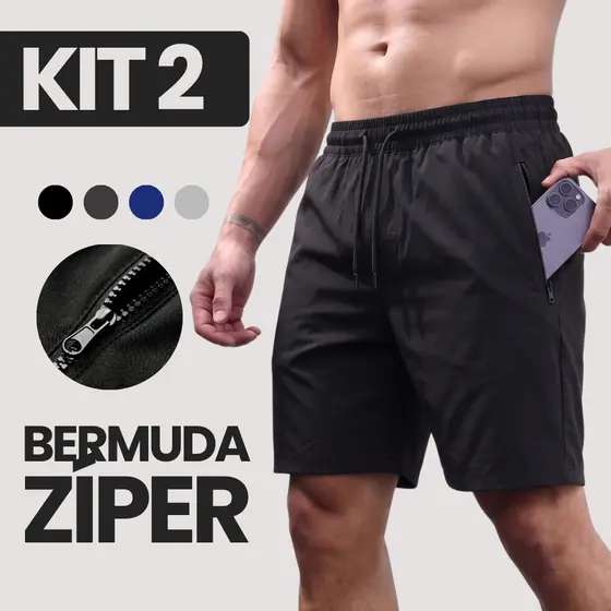 Kit Com 2 Bermuda Masculina Com Bolso Zíper tactel com elastano perfeita para treinar na academia