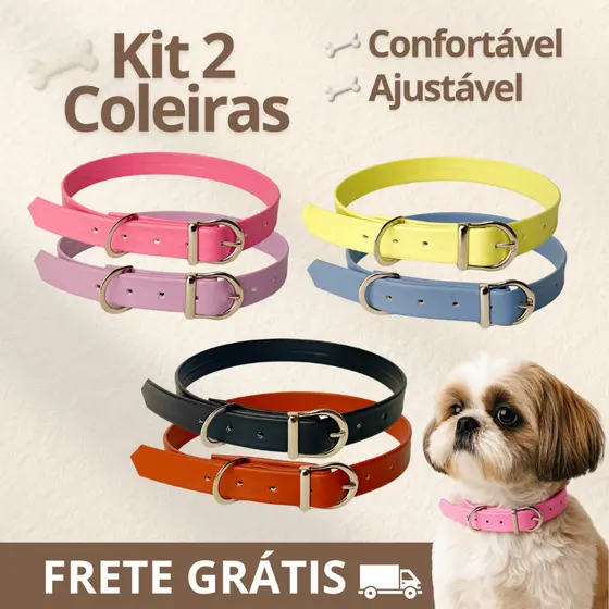 Coleira para Cachorro Pequeno e Médio Kit 2 coleiras Ajustáveis em Couro Sintético Confortável