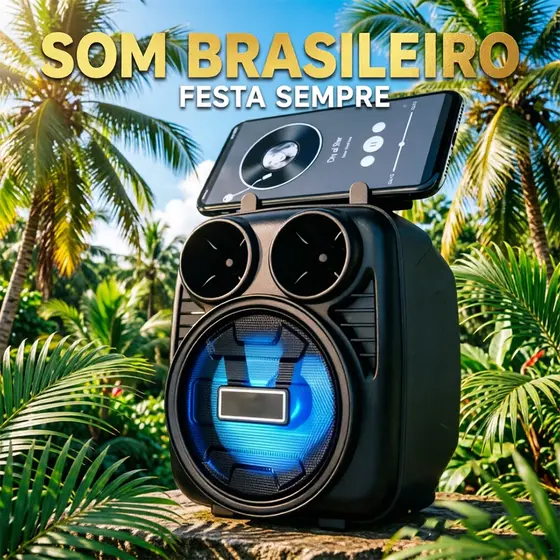 Caixa de Som Bluetooth Potente KTS, Recarregável, Rádio FM e Design Compacto Alto Falante, Led
