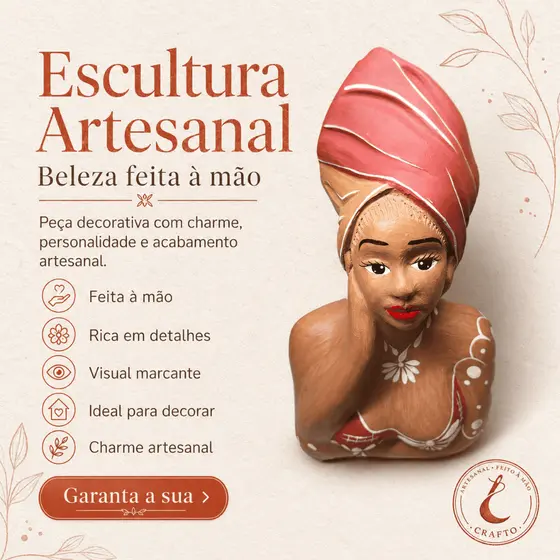 ESCULTURA FEMININA EM BARRO ARTESANAL 27 CM  TURBANTE VERMELHO, PINTURA MANUAL E UMA PEÇA CHEIA DE PERSONALIDADE