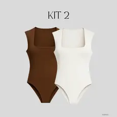 Kit 2 Body Decote Quadrado Suplex Alfa Larga Preto Marrom P M G GG Slim Plus Size Collant Justo Moda Feminina