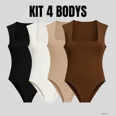 Kit 4 Body Feminino  Decote Quadrado Suplex Alfa Larga Preto Marrom P M G GG Slim Plus Size Collant Justo Moda Feminina