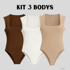 Kit 3 Body Feminino  Decote Quadrado Suplex Alfa Larga Preto Marrom P M G GG Slim Plus Size Collant Justo Moda Feminina