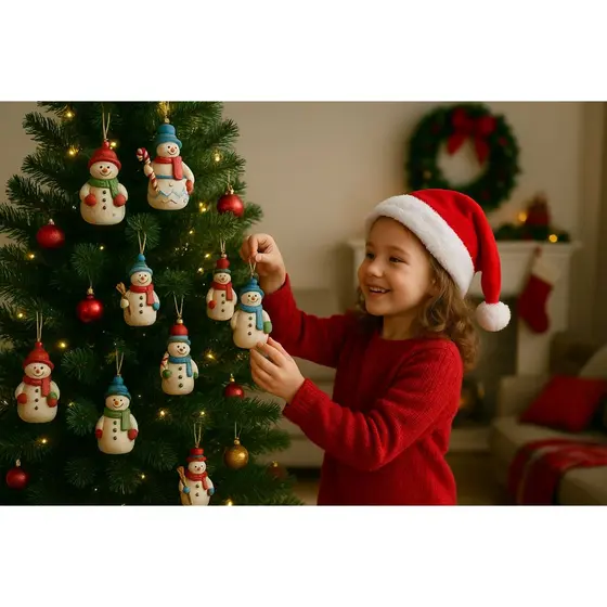 18 Enfeite de Natal Boneco de Neve em Madeira Pintada com Barbante para Árvore de Natal