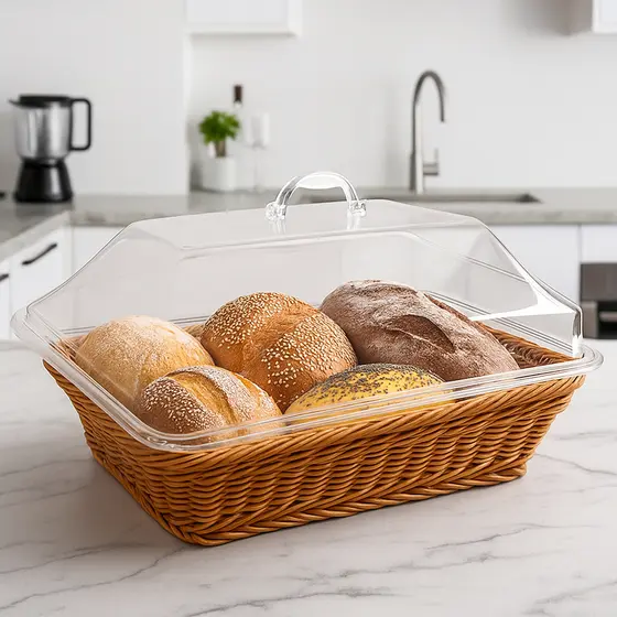 Organizador Bancada Cozinha Cesto Porta Pão ou Frutas em Vime com Tampa acrilico