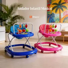 Andador Infantil Musical Meninos Assento Acolchoado Estimula Coordenação Azul Rosa