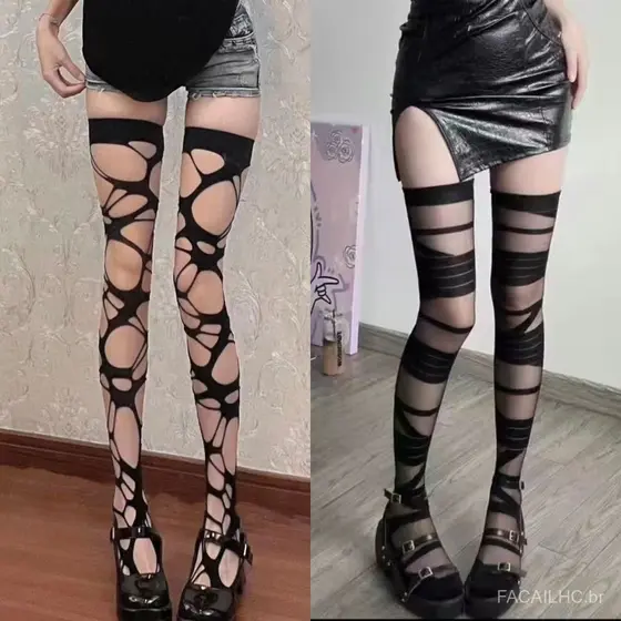 Meias Altas Irregulares FCL Estilo Gótico Punk Y2k Subcultura Meia-Calça Vazada QK6F
