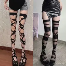 Meias Altas Irregulares FCL Estilo Gótico Punk Y2k Subcultura Meia-Calça Vazada QK6F