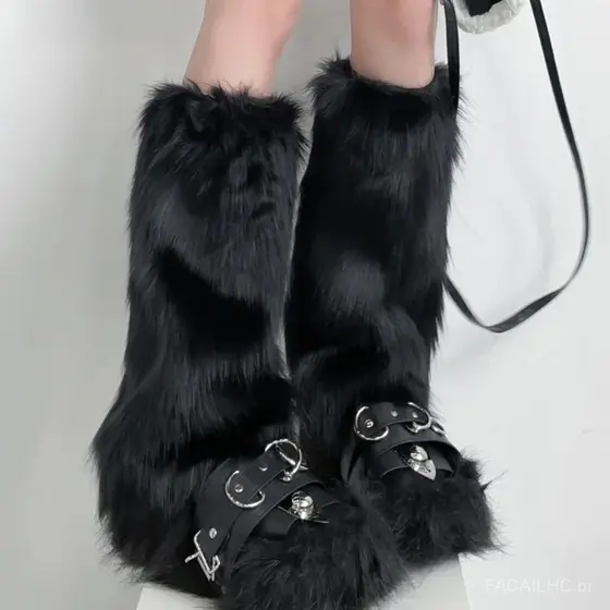 Aquecedores de Pernas de Pelo Sintético FCL, Capas de Bota Lolita de Pelo Sintético Espesso, Meias de Cano Longo com Laç