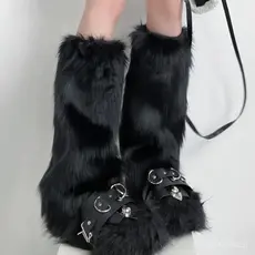 Aquecedores de Pernas de Pelo Sintético FCL, Capas de Bota Lolita de Pelo Sintético Espesso, Meias de Cano Longo com Laç