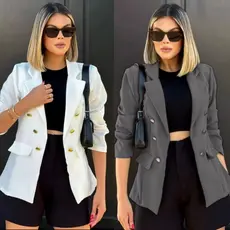 Blazer Feminina Casaquinho Maxi Longo Sobretudo Alfaiataria Social  Com 06 Botão estilosa