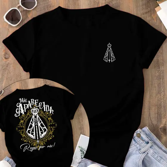 Camiseta Tradicional Oversized Adulto Infantil Jesus petalas de rosas Maria Mãe Aparecida Religiosa Cristã 100% Algodão