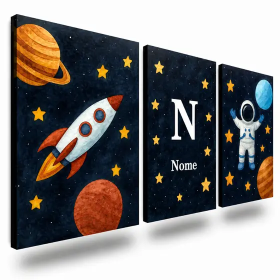 Kit 3 Peças Decorativas Quadro Infantil Espaço Sideral - Astronauta Foguete e Nome da Personalizado