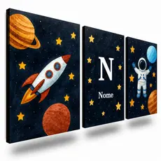 Kit 3 Peças Decorativas Quadro Infantil Espaço Sideral - Astronauta Foguete e Nome da Personalizado