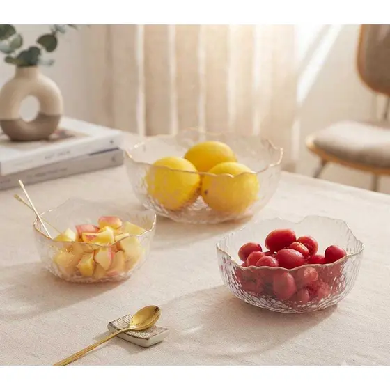 Kit 3 Bowls Vidro Canelado Borda Dourada Ouro Conjunto Saladeira Petisqueira Sobremesa Servir Mesa Posta