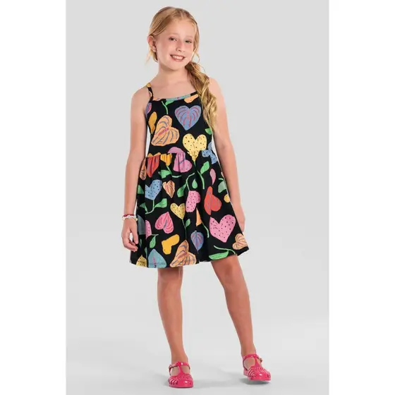 Vestido infantil menina com flores Brandili -Preto