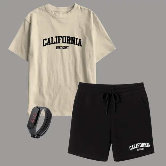 Kit Camiseta Infantil e Short Moletinho Masculino + Relógio Brinde Lançamento