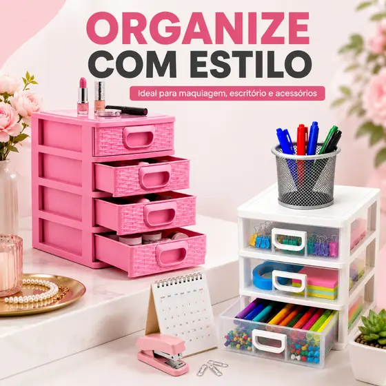 Mini Gaveteiro Porta Lápis, Jóias Porta Tudo Organizador de Mesa 3 Gavetas Casa, Escritório ou Costura